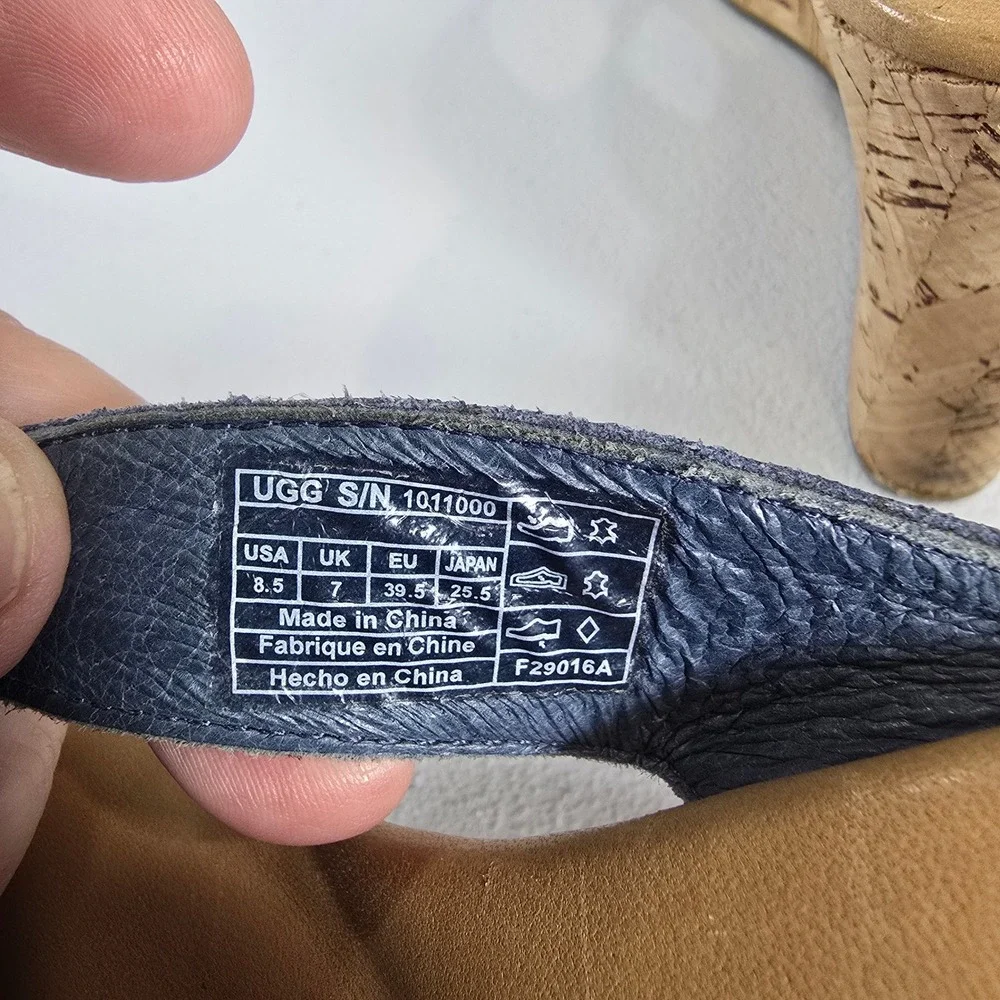 UGG Australia Lucianna Mar Blue Metallic Leather Cork Wedge Sandals 1011000 8.5